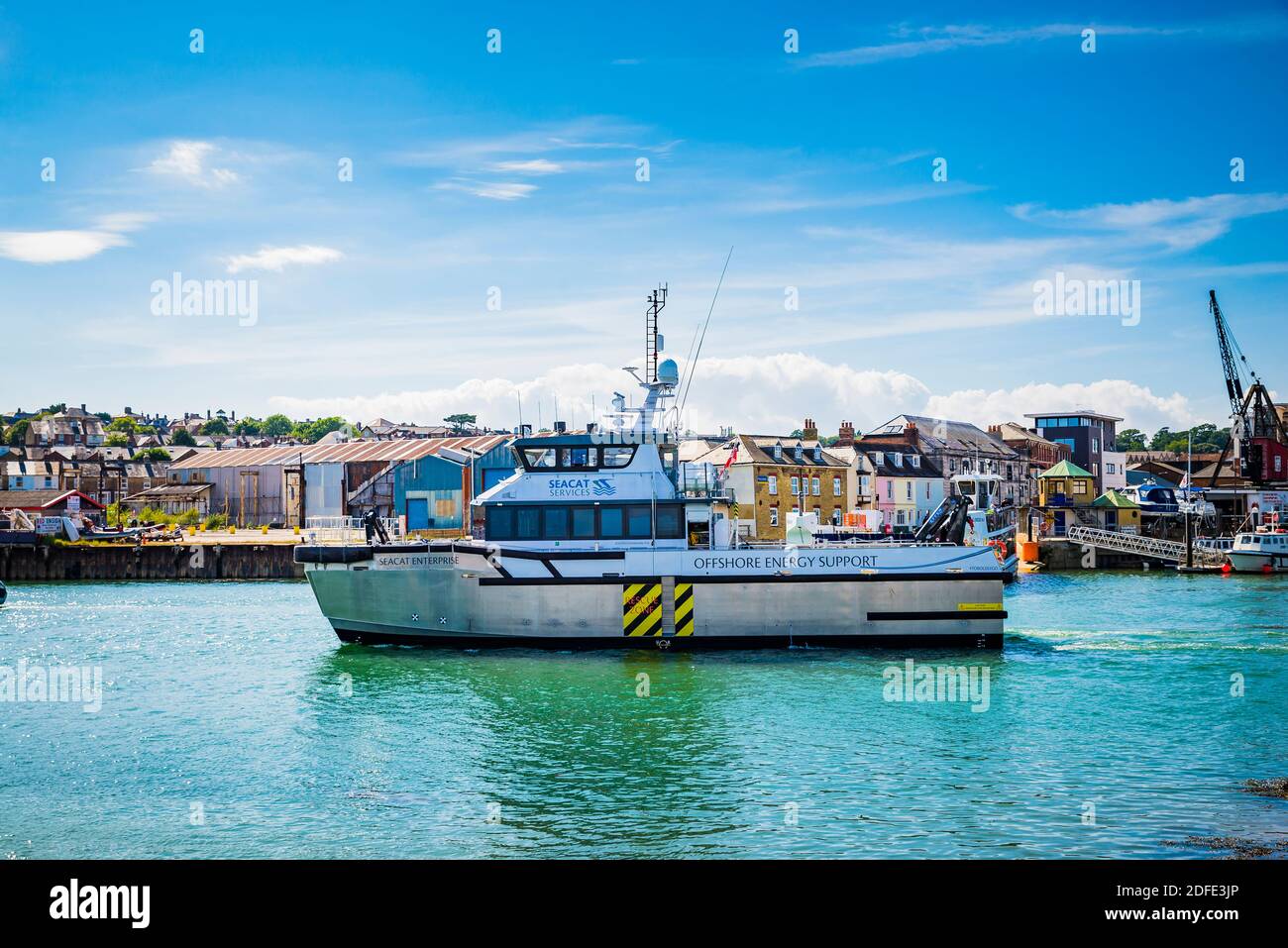 Seacat Enterprise, Seacat Services betreiben eine Flotte von IACS klassifizierten Mehrzweck-Offshore-Energie-Support-Schiffen. Cowes, Isle of Wight, England, UN Stockfoto