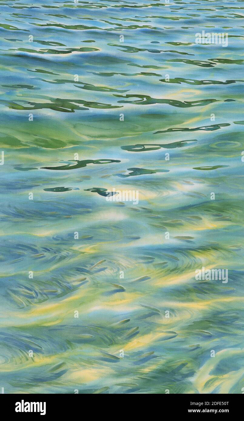 Sonnige Wasser mit transparenten Wellen Aquarell Hintergrund Stockfoto