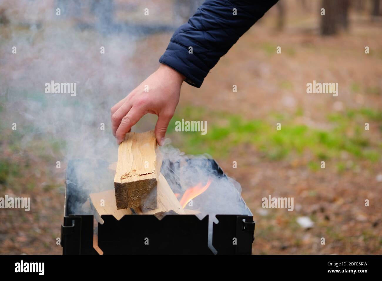 Grillen Sie mit Kraftstoff und Holzkohle. Die Hand des Menschen fügt Kohle zum Grillen hinzu. BBQ im Wald. Stockfoto