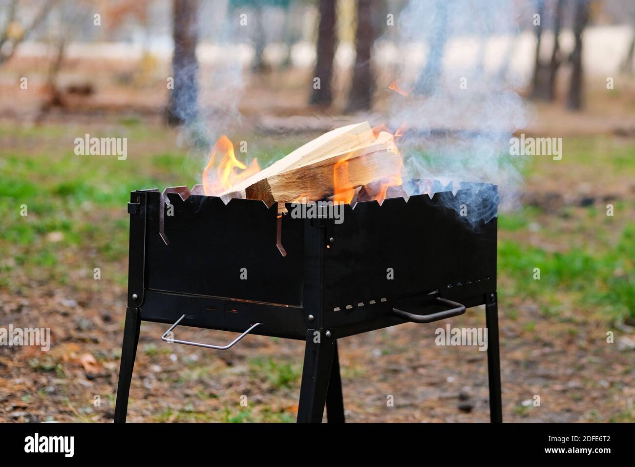 Grill. BBQ in der Natur. Holzfeuer für den Grill vorbereitet. Grillsaison in der Natur offen. Stockfoto