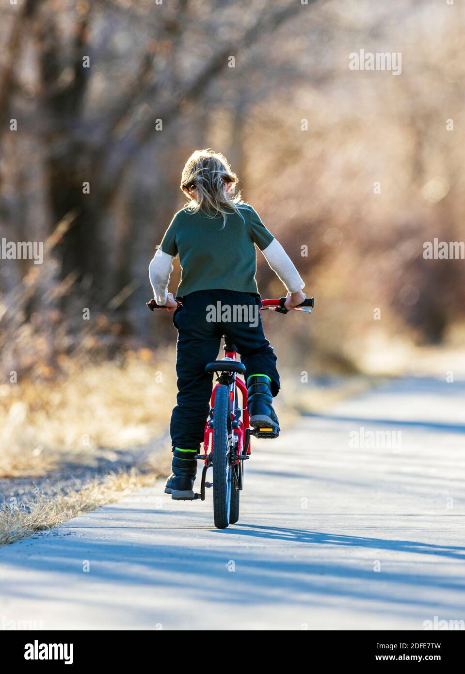 Glücklicher kleiner Junge, der sein Fahrrad auf einem gepflasterten Weg fährt; Salida; Colorado; USA Stockfoto