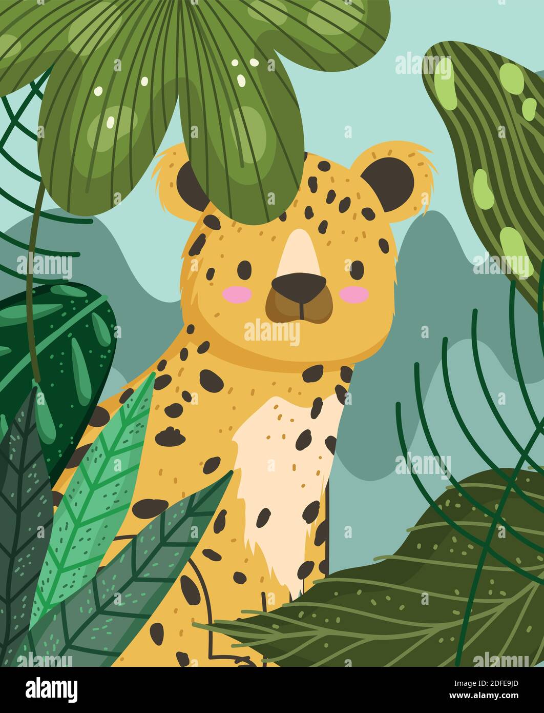 Niedlichen Leoparden sitzen im Grünen Tier Safari Cartoon Vektor Illustration Stock Vektor