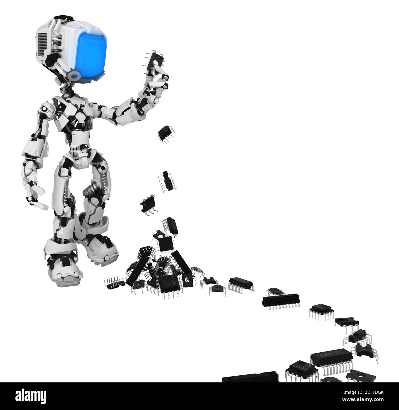 Screen Robot Figur Charakter Pose mit Mikrochip Bit-Elemente, 3d-Illustration, horizontal, isoliert Stockfoto