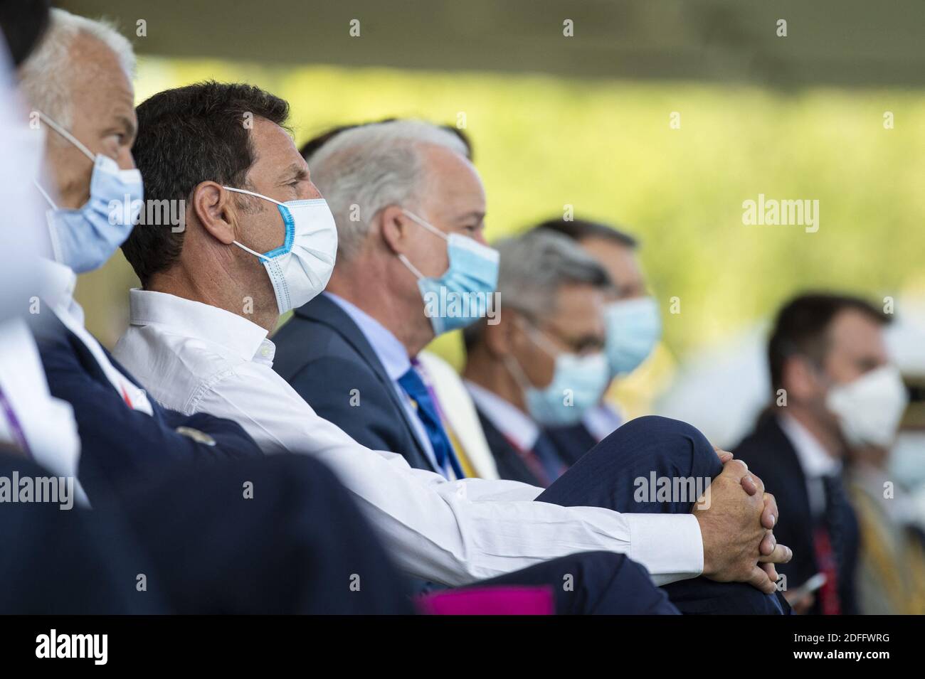 Französischer Arbeitgeberverband (Medef) Präsident Geoffroy Roux de Bezieux mit schützenden Gesichtsmasken nimmt am 26. August 2020 auf der Rennbahn Paris Longchamp in Paris am Medef-Motto "die Renaissance der französischen Unternehmen" Teil.Foto: Eliot Blondt/ABACAPRESS.COM Stockfoto