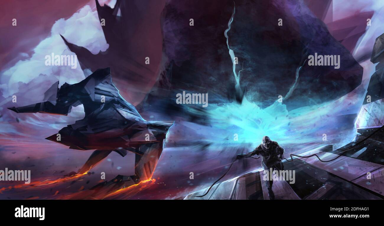 Fantasy futuristische Raumschiff fliegen mit Neon Raum Planet Hügel Explosion, Motion Ansicht Kunst Illustration. Stockfoto