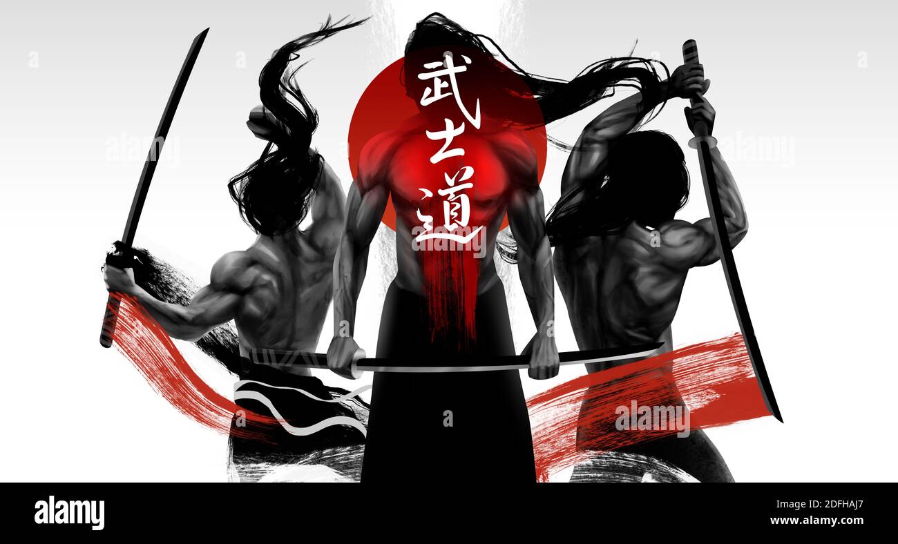 Illustration von schwarz-weißen muskulösen Samurai-Figuren posiert mit Schwertern und rot gestreiften Grunge Linien, Bushido Wort - ein japanischer Begriff beschreibt ein Stockfoto