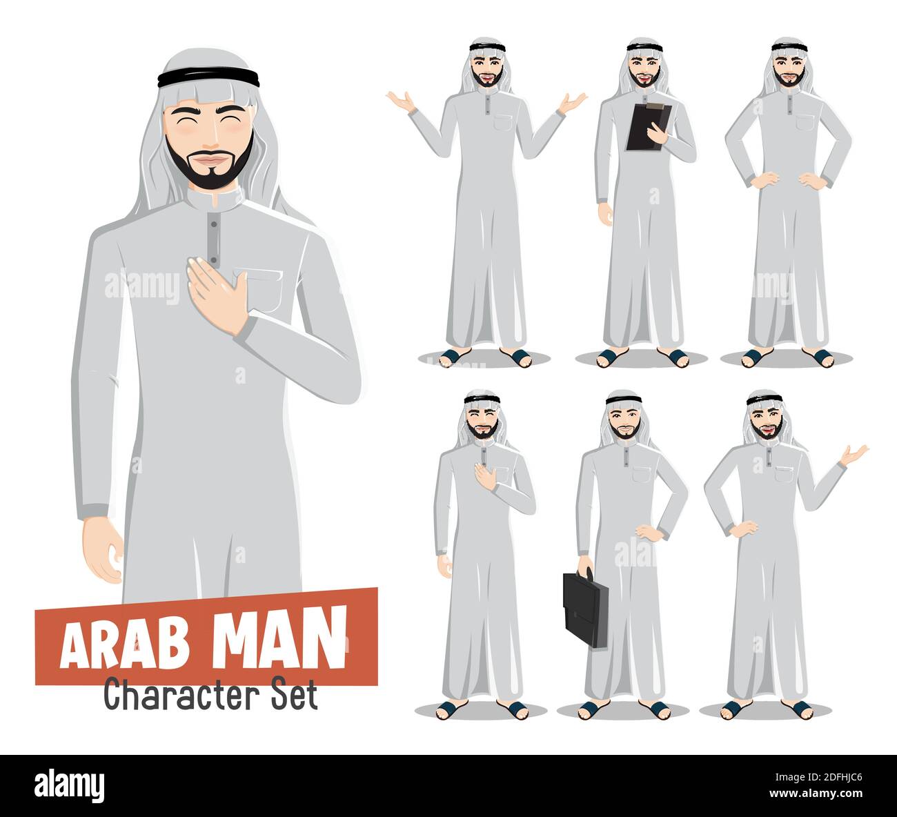 Arab man Vektor Zeichen gesetzt. Arabisch saudi männlichen Charakter isoliert in weißem Hintergrund mit stehenden Pose und Gesten für Geschäftsmann arabisch. Stock Vektor