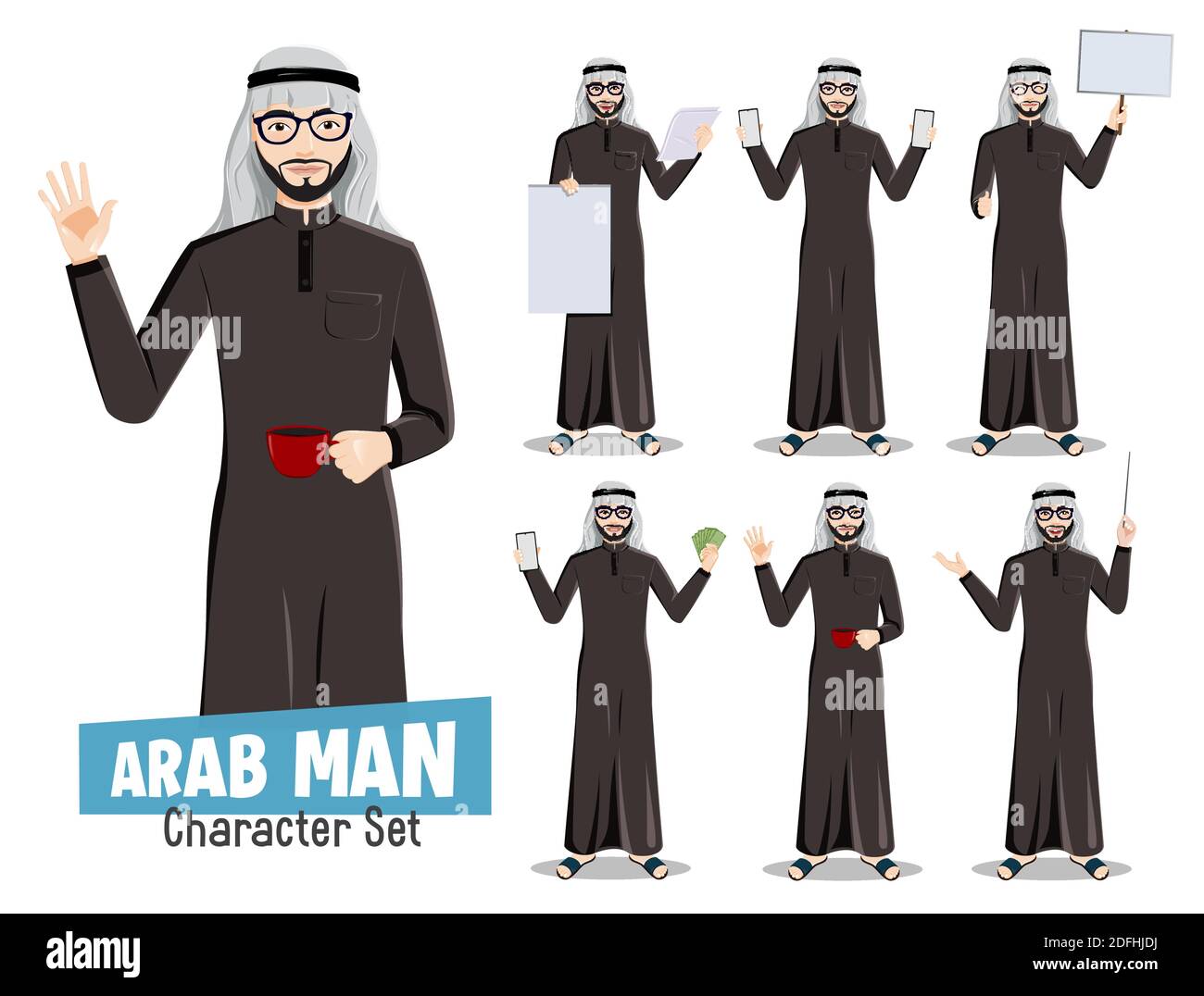 Arab man saudi Vektor-Zeichensatz. Arabische professionelle männliche Geschäftsmann Charaktere mit Kaffee, Geld und Whiteboard für arabische Karikatur. Stock Vektor