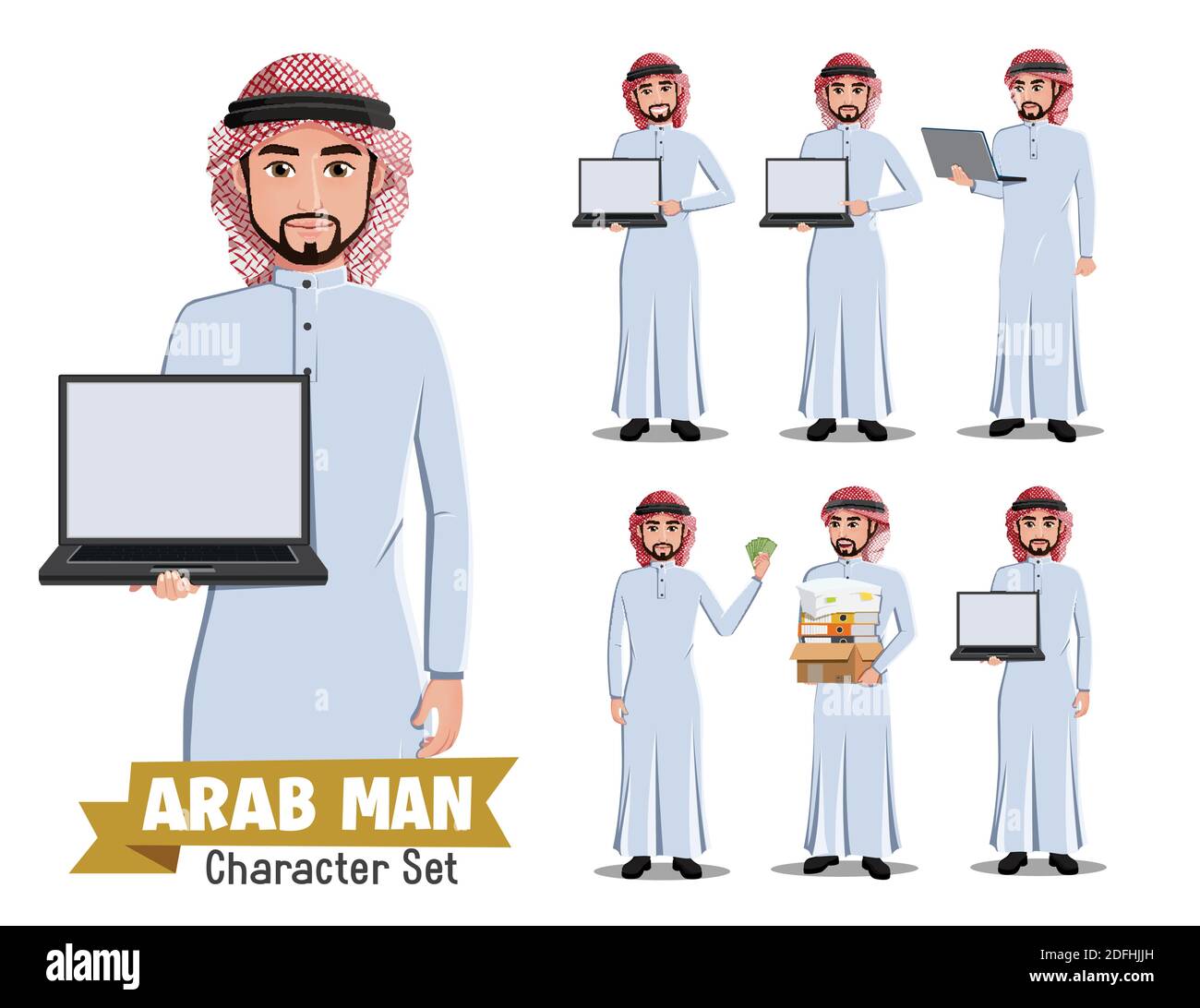 Arab Business man Vektor-Zeichensatz. Saudi-arabische männliche Geschäftsmann Charaktere in verschiedenen Standing Pose und Gesten für arabisch kaufen und verkaufen. Stock Vektor