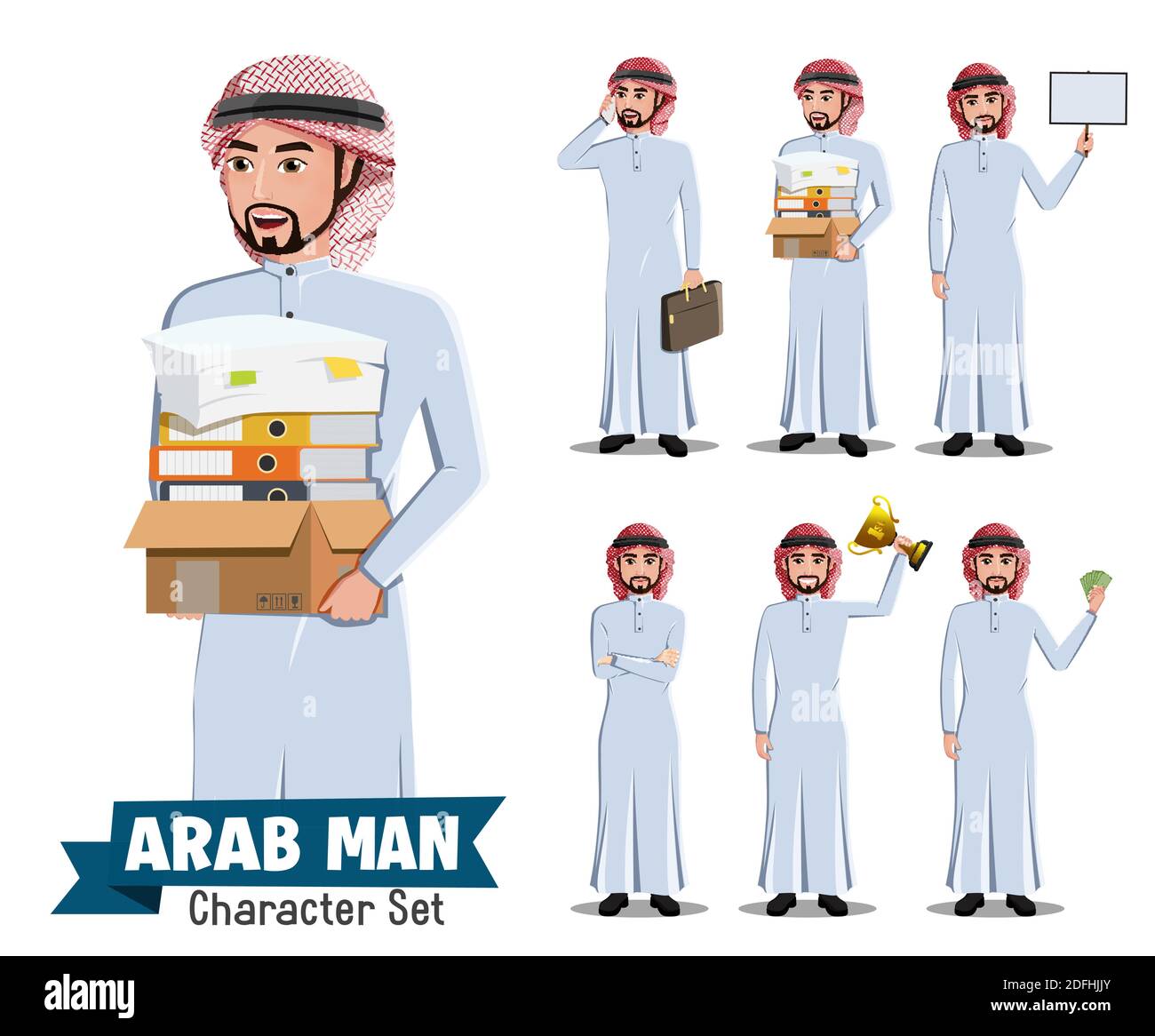 Arab man Mitarbeiter Vektor-Zeichensatz. Saudi arabian Büro männlichen Charakter Holding Box von Büchern für arabische Mitarbeiter Cartoon Collection Design. Stock Vektor