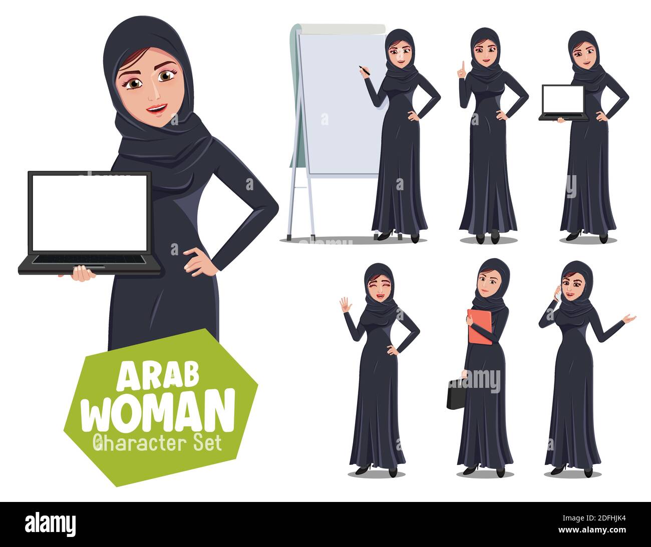Arabische Frau Charakter Lehrer Vektor-Set. Arabische weibliche Charaktere in Lehre und Präsentation Pose und Geste für arabische Dame Instruktor Cartoon. Stock Vektor