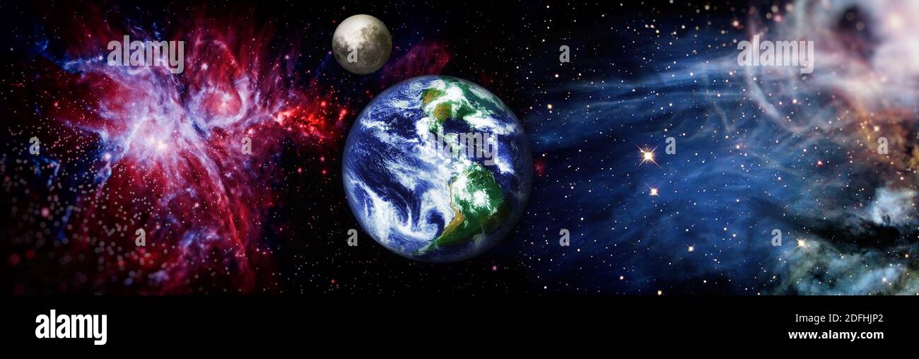 Erde und Mond aus dem Weltraum , schöne kosmische Globe Hintergrund. Erde auf Galaxie abstrakte Hintergründe Stockfoto