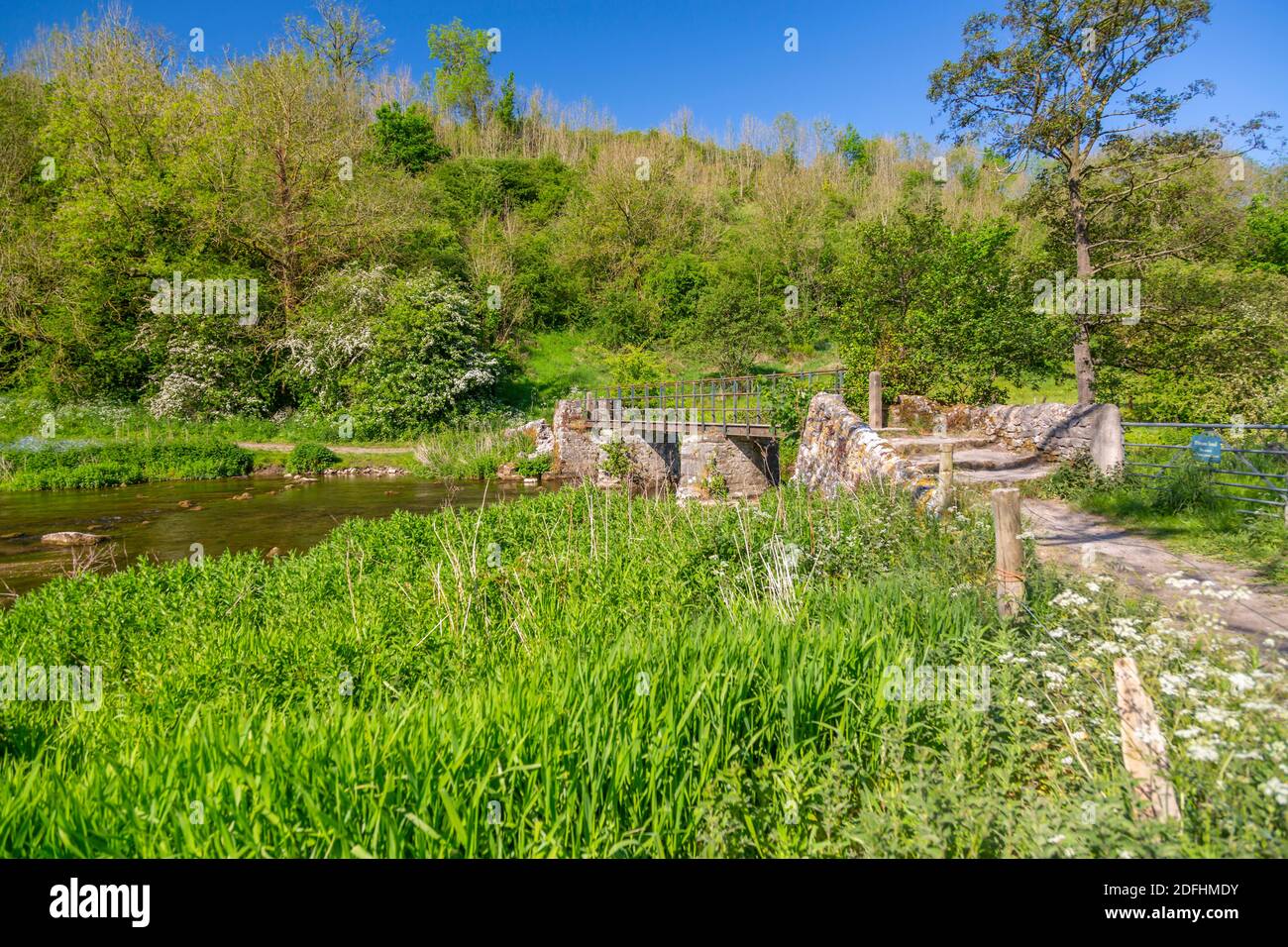 Fußgängerbrücke über den Fluss Wye, Monsal Dale, Derbyshire Dales, Derbyshire, England, Großbritannien, Europa Stockfoto