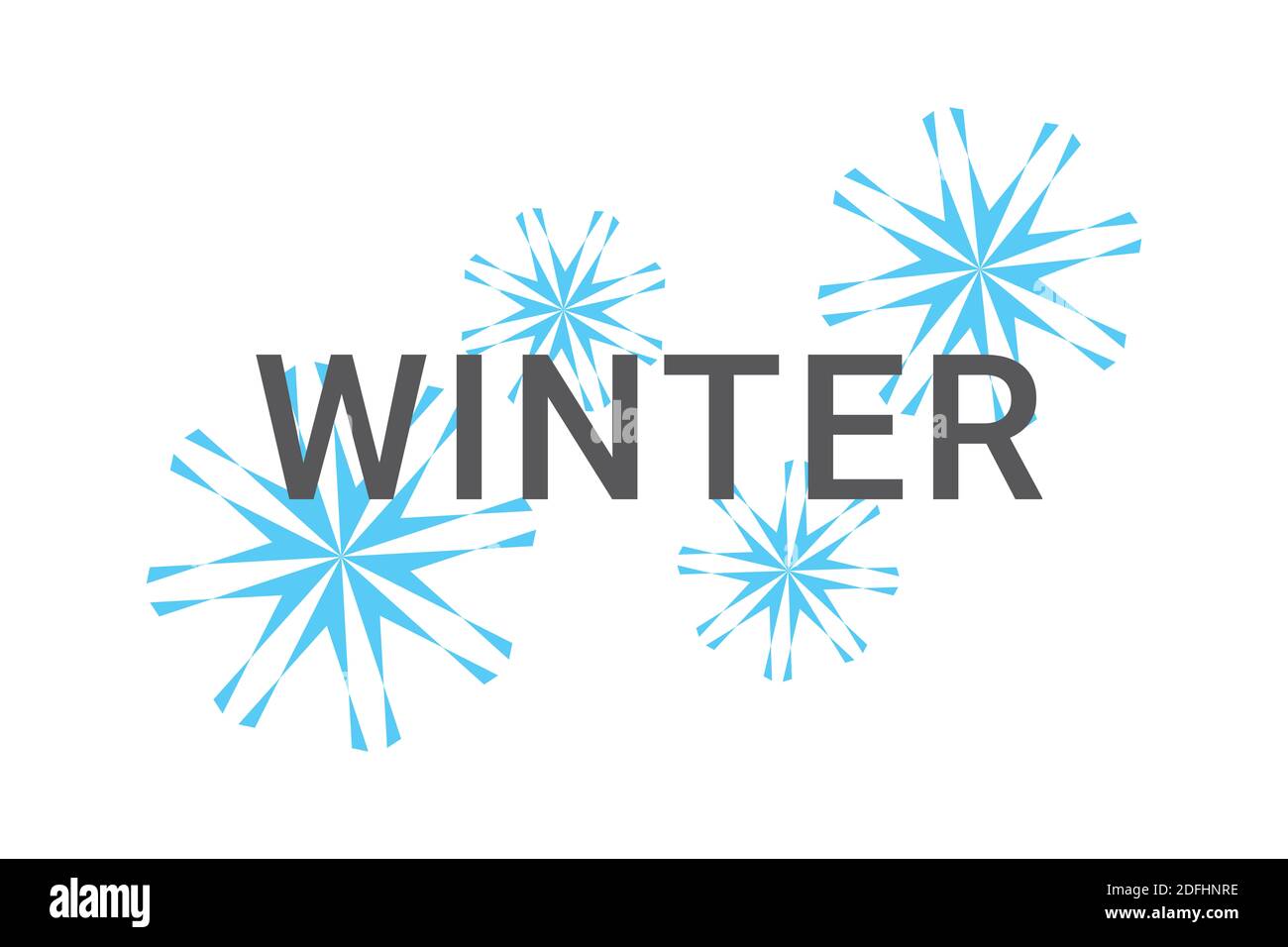 Moderne grafische Gestaltung eines Wortes "Winter" mit geometrischen Formen in Schneeflocken Abstraktion in blau und grau Farben. Urbane Typografie. Stockfoto