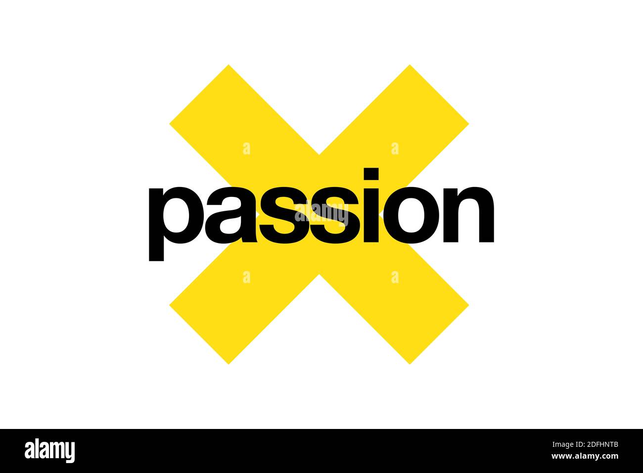 Schlichtes, modernes, auffälliges Grafikdesign eines Wortes 'Passion' mit gelbem x-Zeichen. Urbane Typografie. Stockfoto