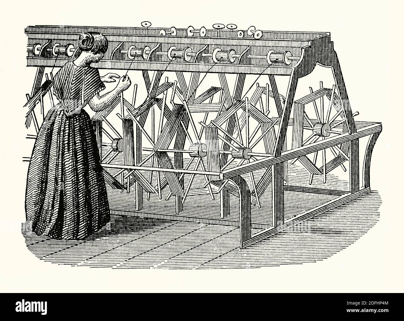 Eine alte Gravur einer Frau bei der Arbeit an einer Seidenspulmaschine. Es ist aus einem viktorianischen Maschinenbaubuch der 1880er Jahre. Seide ‘werfen’ ist der industrielle Prozess, bei dem Seide, die zu Skeins aufgewickelt wurde, gereinigt wird, einen Twist erhält und auf Spulen aufgewickelt wird. Garne werden auch miteinander verdreht, ‘deinem Verfahren, das als „Verdrehen“ bekannt ist, um dem Seidenfaden seine Festigkeit zu verleihen. Der Rollenschneider enthielt parallele kreisförmige Rahmen, die sich auf einer Mittelachse umdrehten. Bis 1820 wurde das Werfen mit rechteckigen gusseisernen Rahmen durchgeführt, angetrieben durch Gürtel. Stockfoto