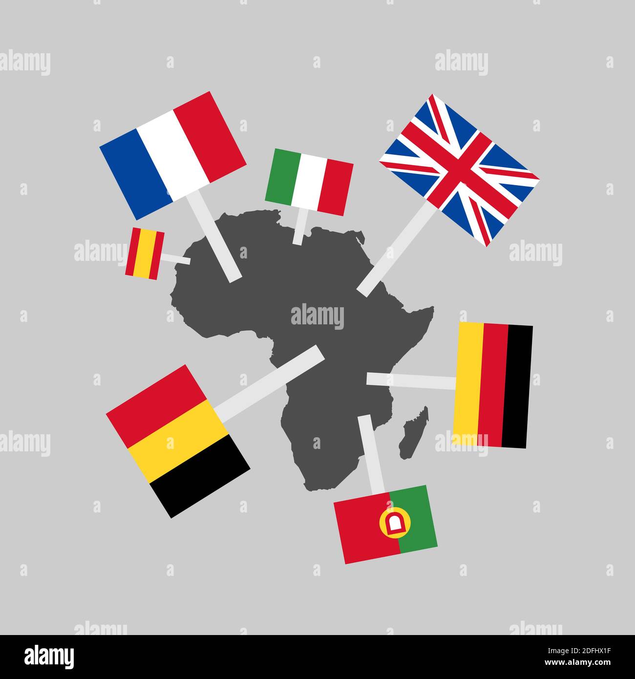 Europäischer Imperialismus und Kolonialismus in Afrika - Europa kolonisiert den afrikanischen Kontinent. Das Territorium steht unter der Supermacht des fremden Landes. Vektor illustrr Stockfoto