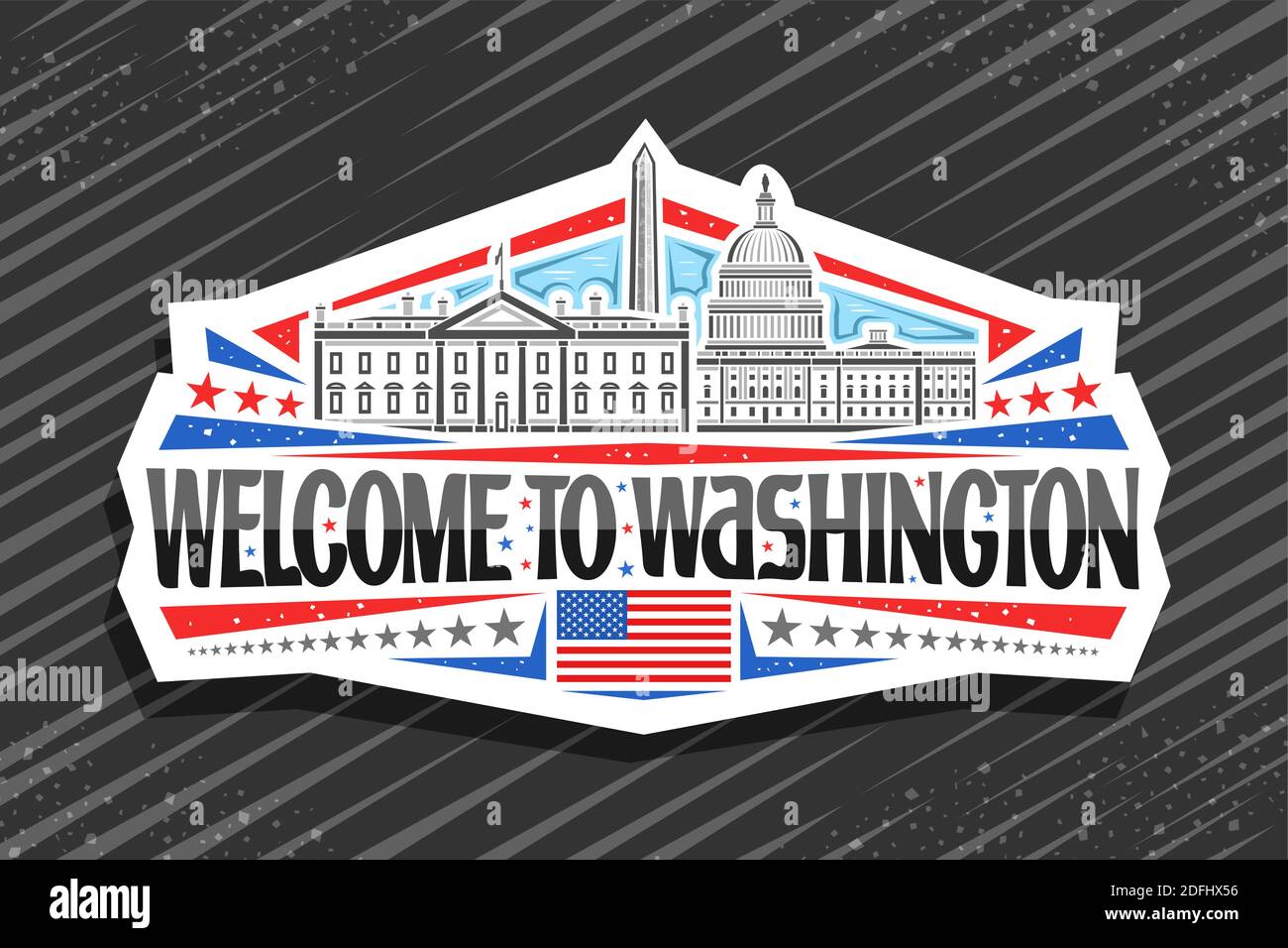 Vektor-Logo für Washington, dekorative Zeichen mit Linie Illustration der berühmten washington Stadtlandschaft am Tag Himmel Hintergrund, touristische Kühlschrank Magnet mit U Stock Vektor