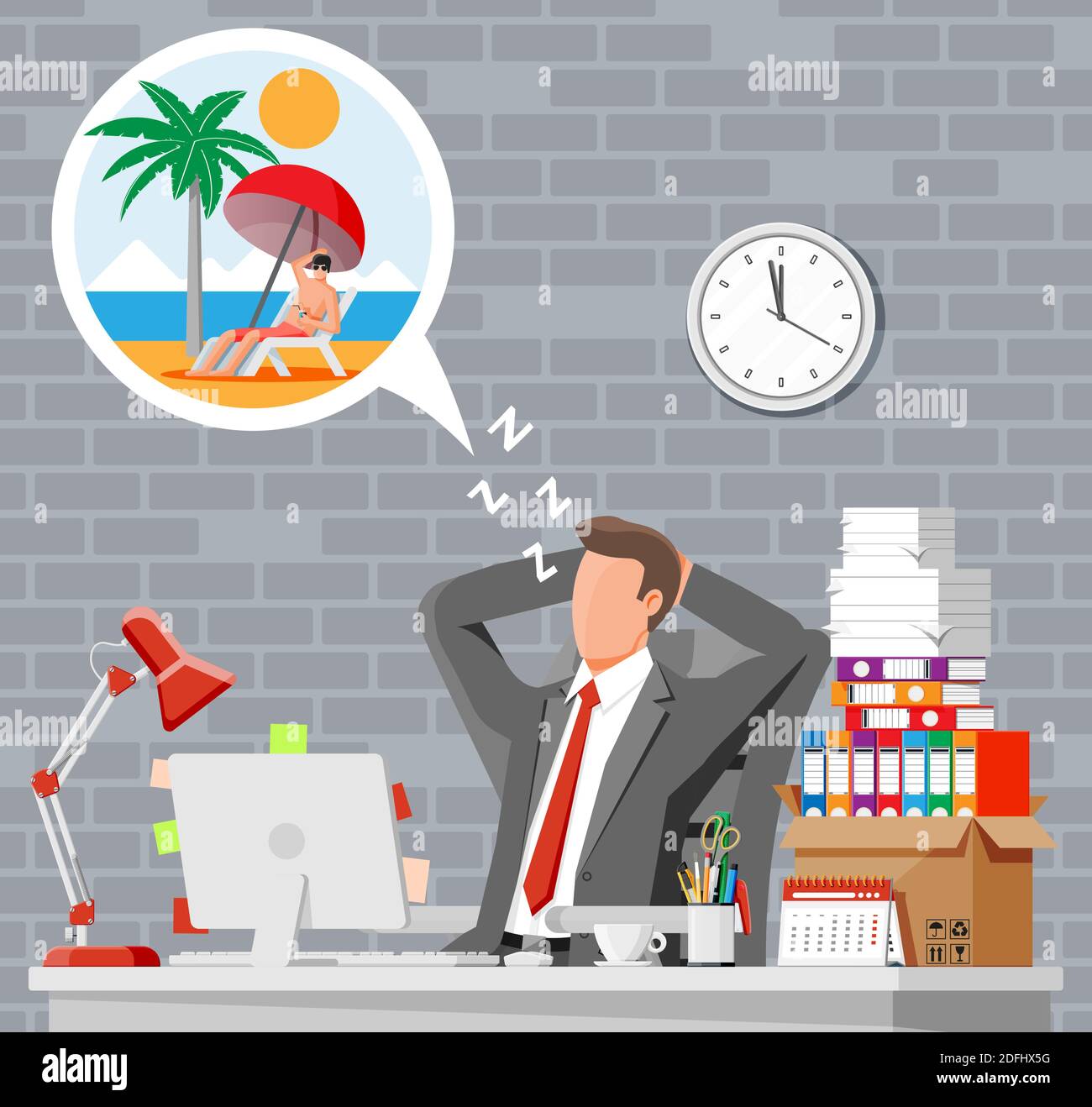 Geschäftsmann Charakter träumen von Urlaub. Müde Geschäftsmann oder Büroangestellte schlafen am Arbeitsplatz. Stress bei der Arbeit. Bürokratie, Papierkram, Frist. Vektorgrafik im flachen Stil Stock Vektor