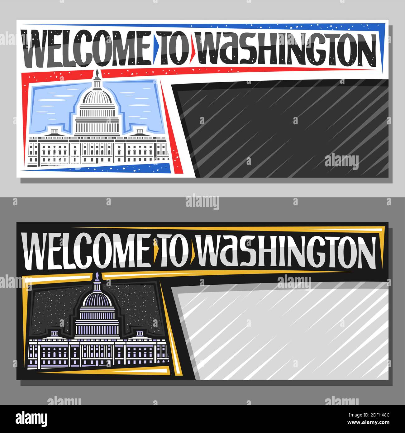 Vektor-Layouts für Washington mit Kopierraum, dekorativer Gutschein mit Liniendarstellung des Capitol Building am Tag und Abenddämmerung Himmel Hintergrund, Art desig Stock Vektor