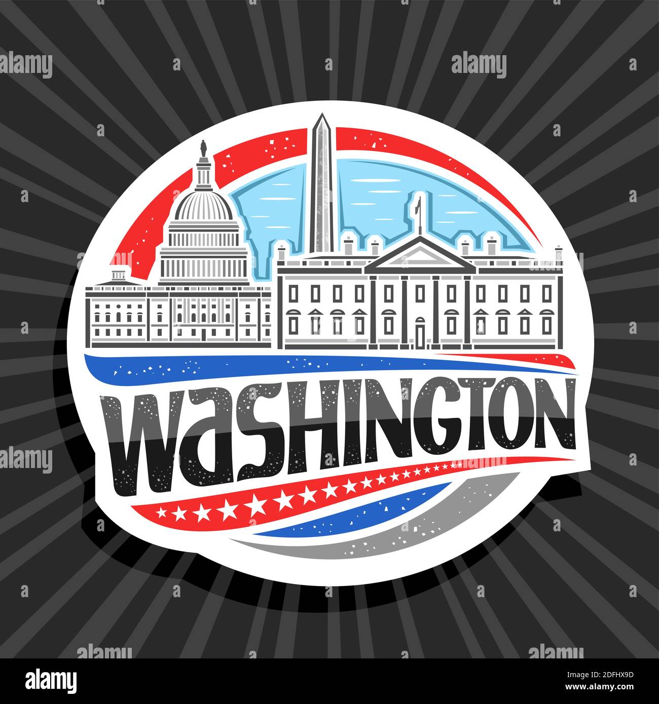 Vektor-Logo für Washington, dekorative Abzeichen mit Illustration der berühmten washington Stadtlandschaft am Tag Himmel Hintergrund, Kunst-Design Tourist Kühlschrank Magnet Stock Vektor