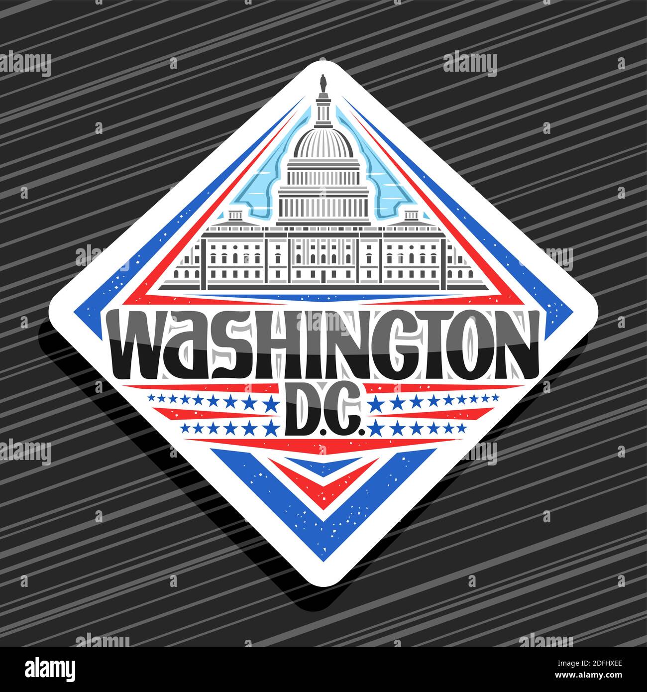 Vektor-Logo für Washington, weiße Rhombus-Abzeichen mit Linie Illustration des Capitol Building am Tag Himmel Hintergrund, Kunst Design Tourist Kühlschrank Magnet wit Stock Vektor