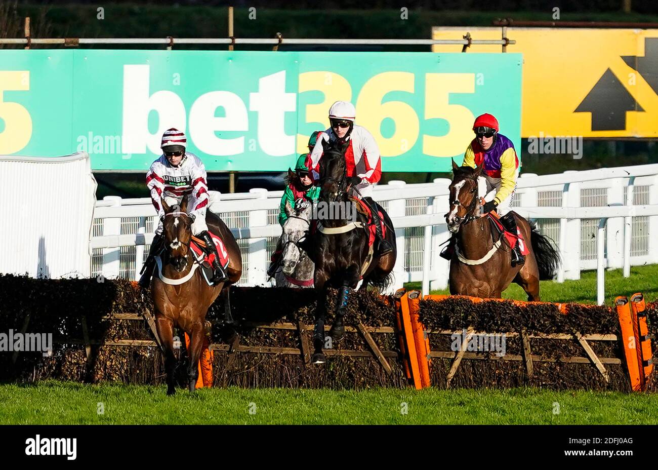 Niall Houlihan reitet Fifty Ball (Mitte weiße Kappe) auf ihrem Weg zum Gewinn der Read Paul Nicholls auf betting.betfair Anfänger Handicap Hürde auf Sandown Park Racecourse, Esher. Stockfoto