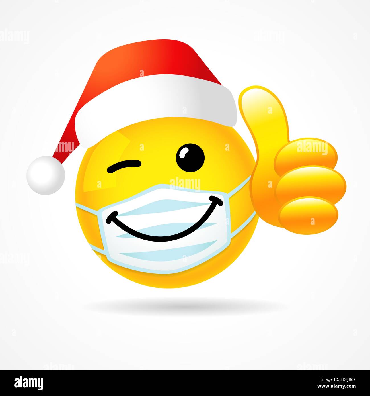 Zwinkendes Lächeln in medizinischer Maske zeigt Daumen mit Weihnachtsmann Hut. Emoji-Gesicht mit weißer Schutzmaske und roter Claus-Mütze Stock Vektor