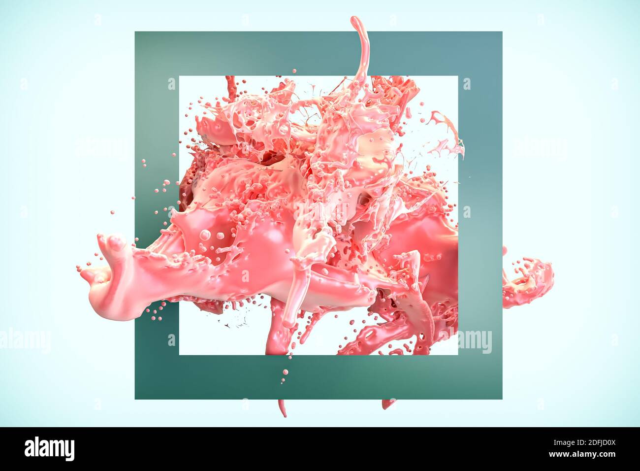 Rosa rötliche Farbe Spritzer abstrakt in einem grünen Rahmen 3D-Rendering-Illustration. Stockfoto
