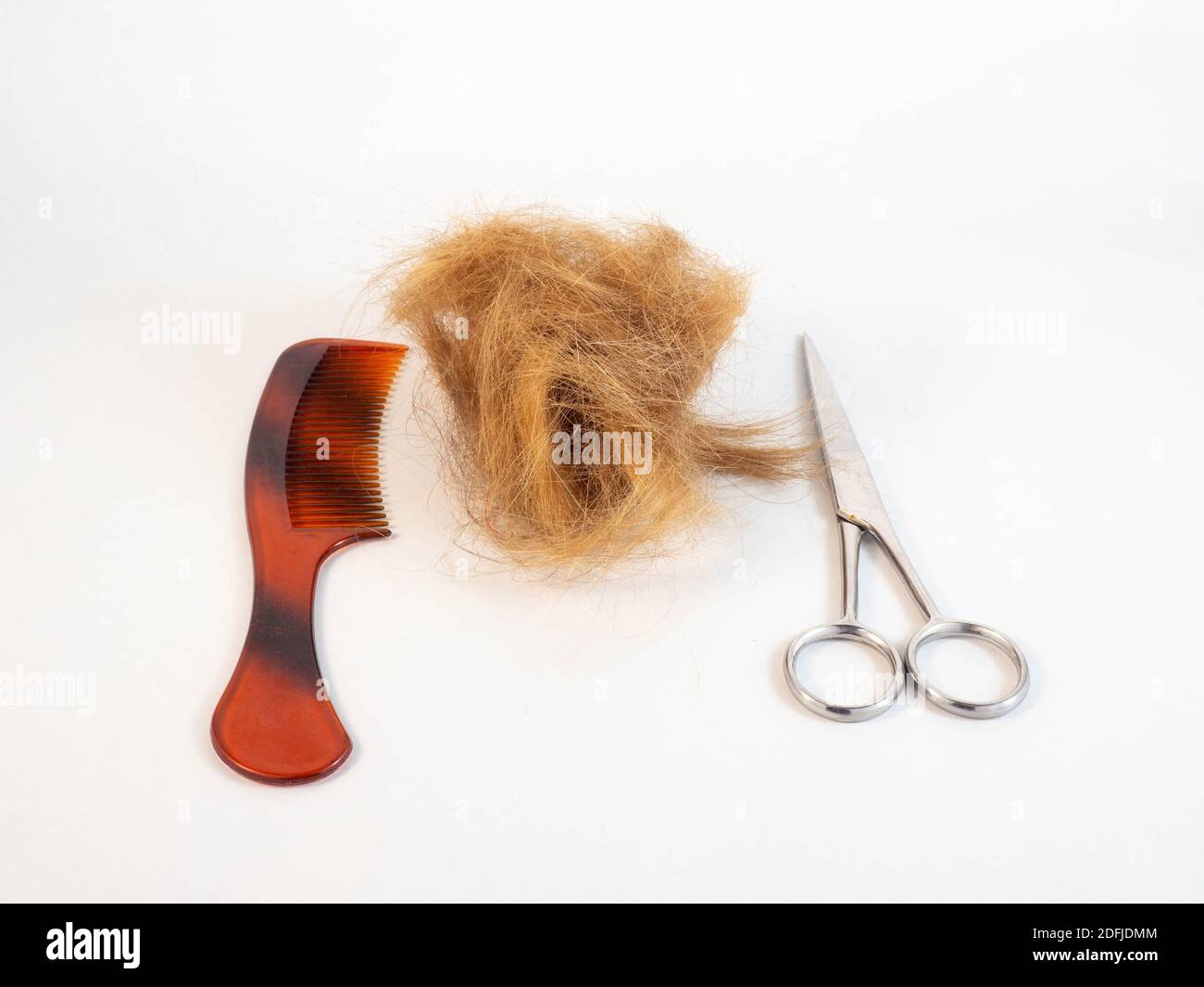 Ein Büschel Haar nach dem Schneiden, neben einer Schere gelegt, Kamm. Konzept rund um Friseursalon und Arbeit. Stockfoto