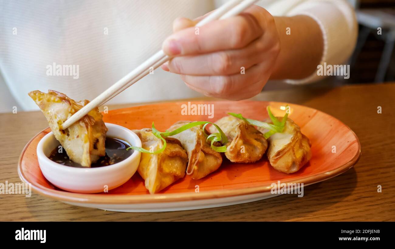 Junge Frau isst japanische gedza Knödel im Café. Stockfoto