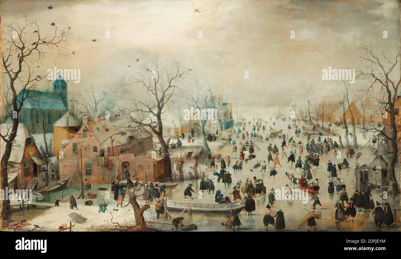 Winterlandschaft mit Eisläufern, Hendrick Avercamp, c. 1608 Stockfoto