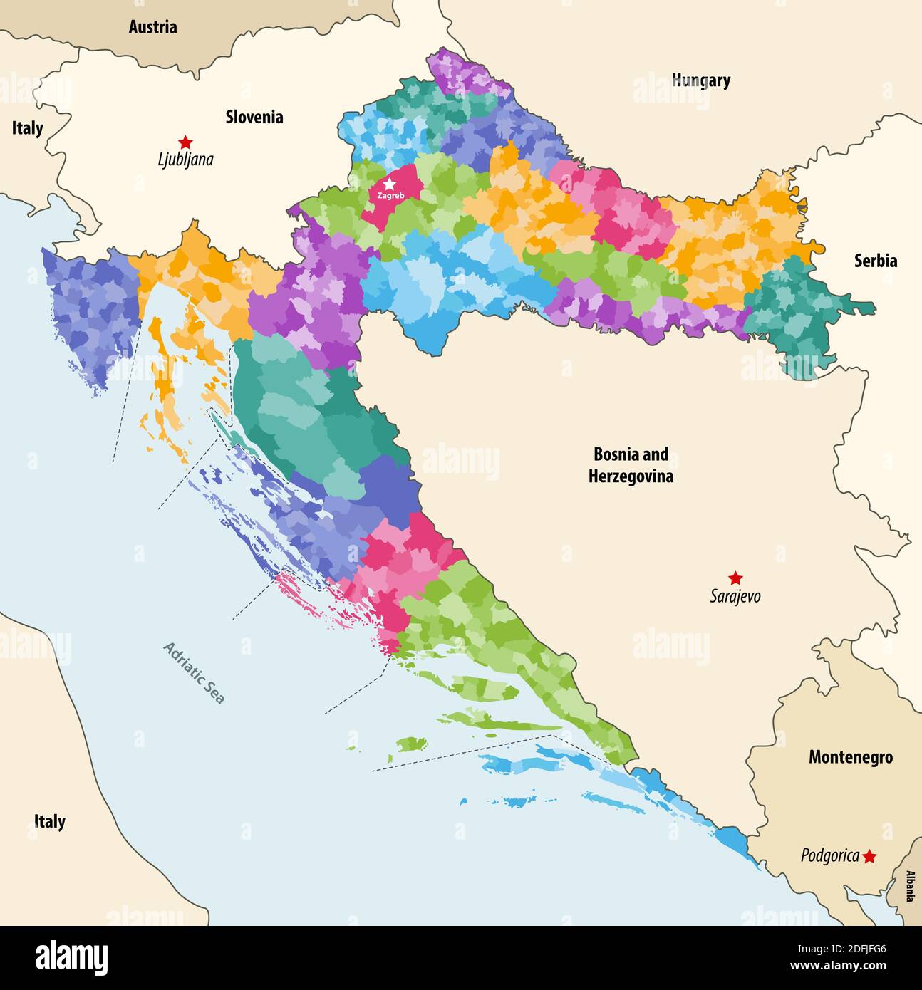 Vektor-Karte von Kroatien Gemeinden nach Grafschaften mit benachbarten gefärbt Länder und Territorien Stock Vektor