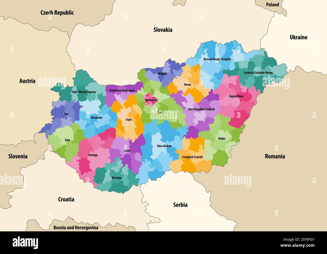 Vektor-Karte von Bezirken von Ungarn nach Grafschaften mit gefärbt Nachbarländer und -Gebiete Stock Vektor