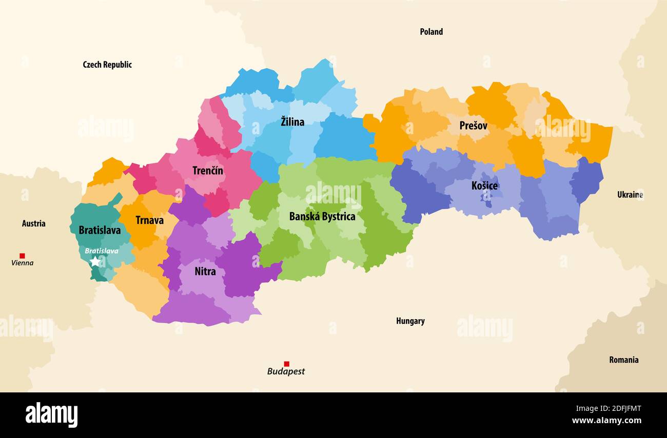 Bezirke (okresy) der Slowakei durch Regionen farbige Vektorkarte mit Nachbarländer und -Gebiete Stock Vektor