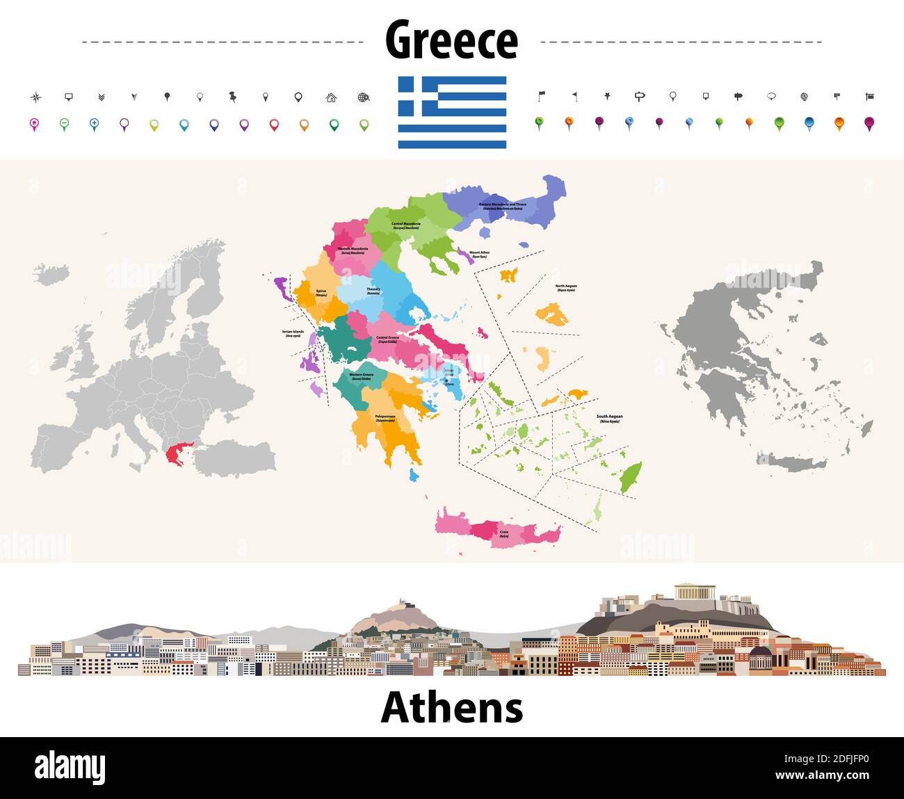 Griechenland Verwaltungsdivisionen Karte. Flagge Griechenlands. Stadtbild von Athen. Vektorgrafik Stock Vektor