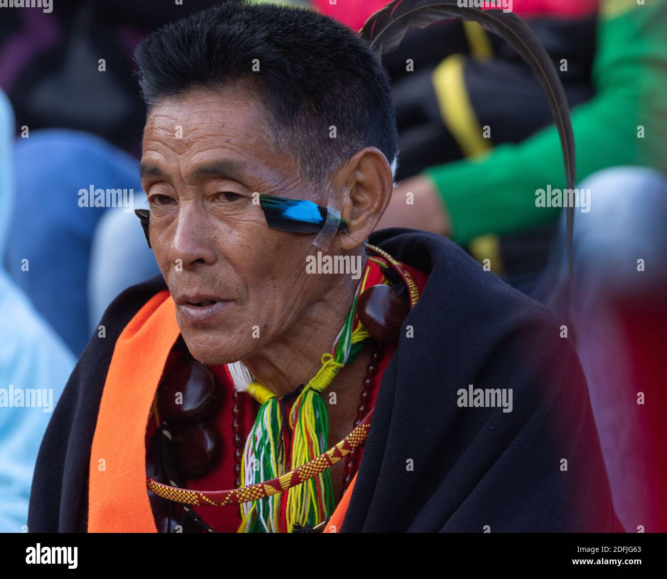 Porträt eines tribsemanischen Dorfvorsteher von Naga in Blau Vogelfeder in den Ohren bei Kohima Nagaland India on Dezember 2016 Stockfoto