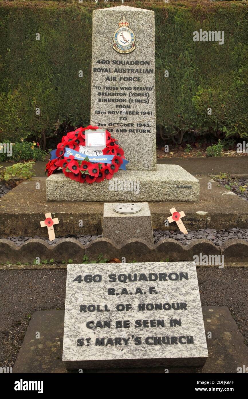 Memorial to 460 Squadron of the Royal Australian Air Force in Binbrook, UK, die Basis für diese Lancaster Bomber Squadron für den größten Teil des Zweiten Weltkriegs. Stockfoto