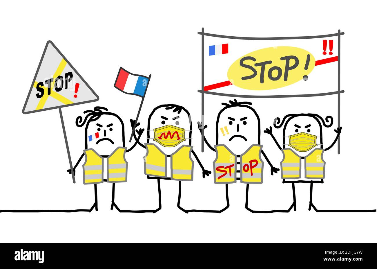 Handgezeichneter Cartoon Protestierende Menschen gegen die französische Regierung - Gelb Jacken Stock Vektor