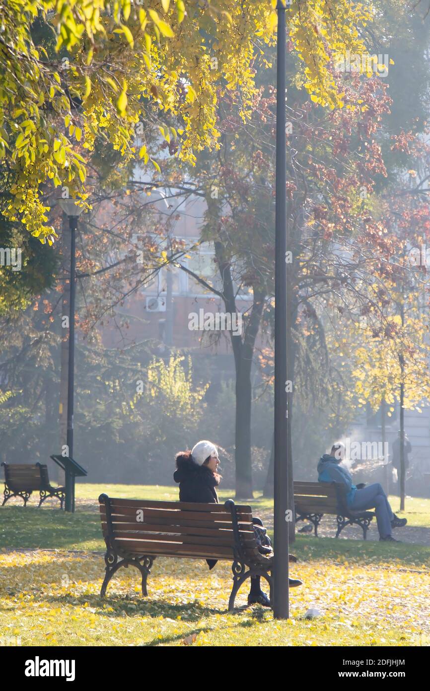 Belgrad, Serbien - 1. Dezember 2020: Eine Frau sitzt allein auf einer öffentlichen Parkbank, an einem sonnigen kalten Herbsttag Stockfoto