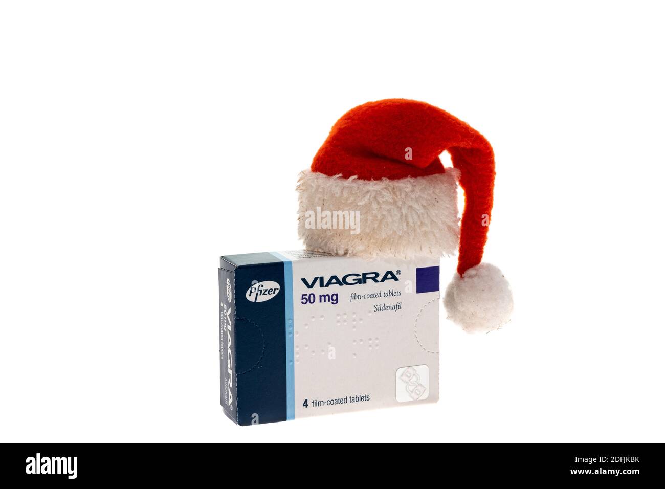 Box von Viagra erektile Dysfunktion Tabletten mit ein wenig Weihnachten weihnachtsmann Hut - weißer Hintergrund Stockfoto