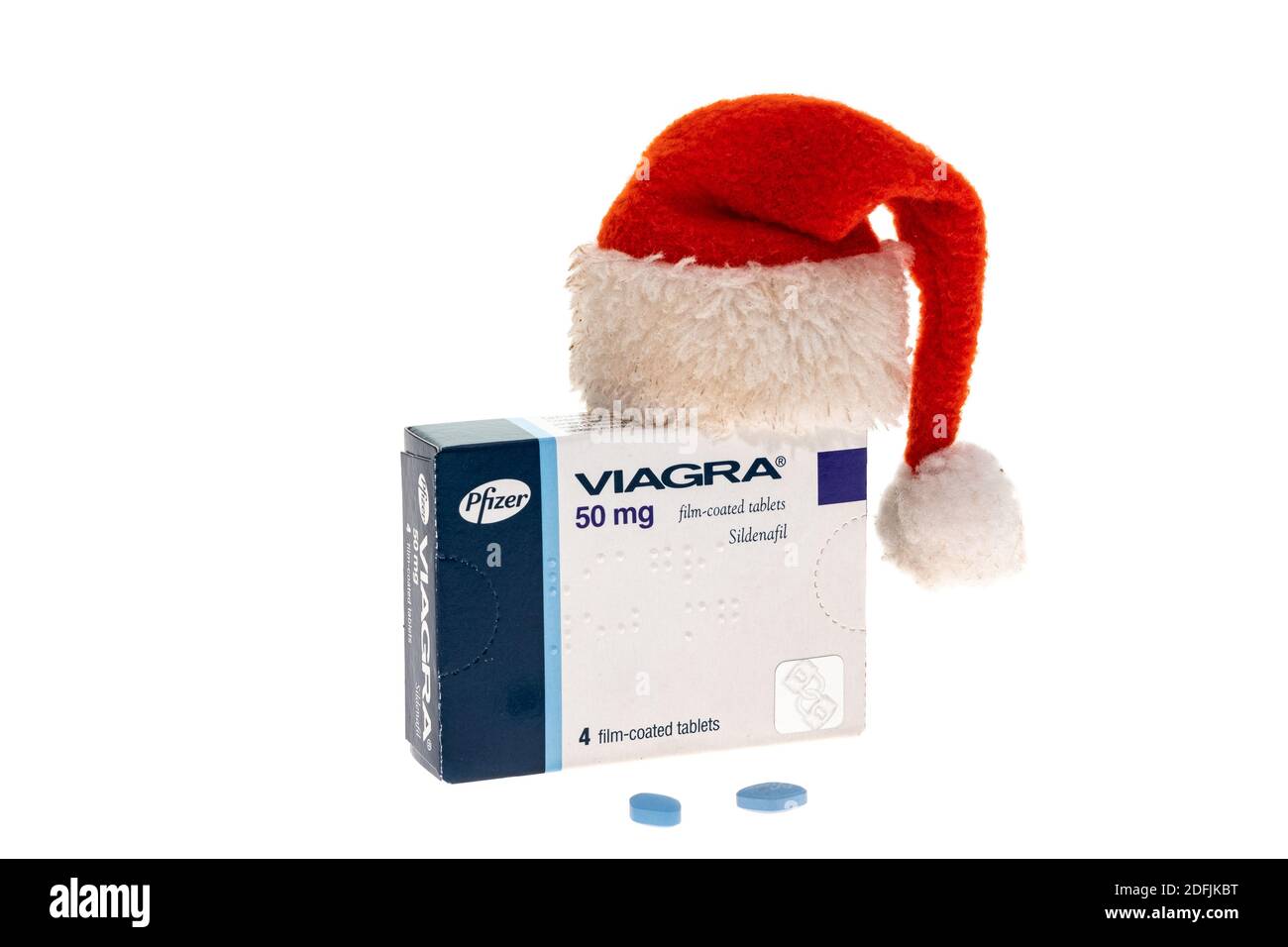 Box von Viagra erektile Dysfunktion Tabletten mit ein wenig Weihnachten weihnachtsmann Hut - weißer Hintergrund Stockfoto