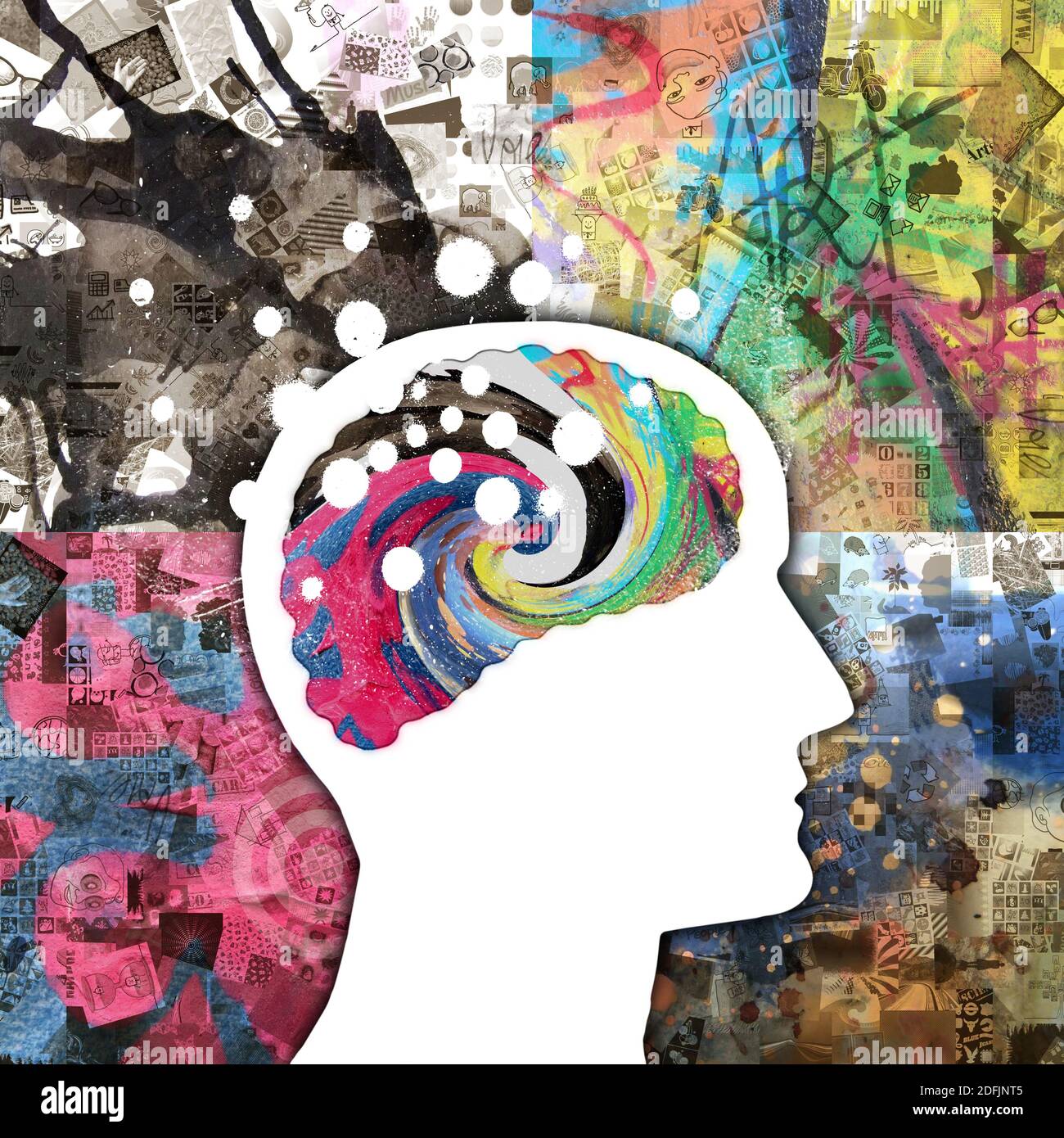 Kunst und Gemälde rund um und im menschlichen Gehirn Profil - Collage Stockfoto