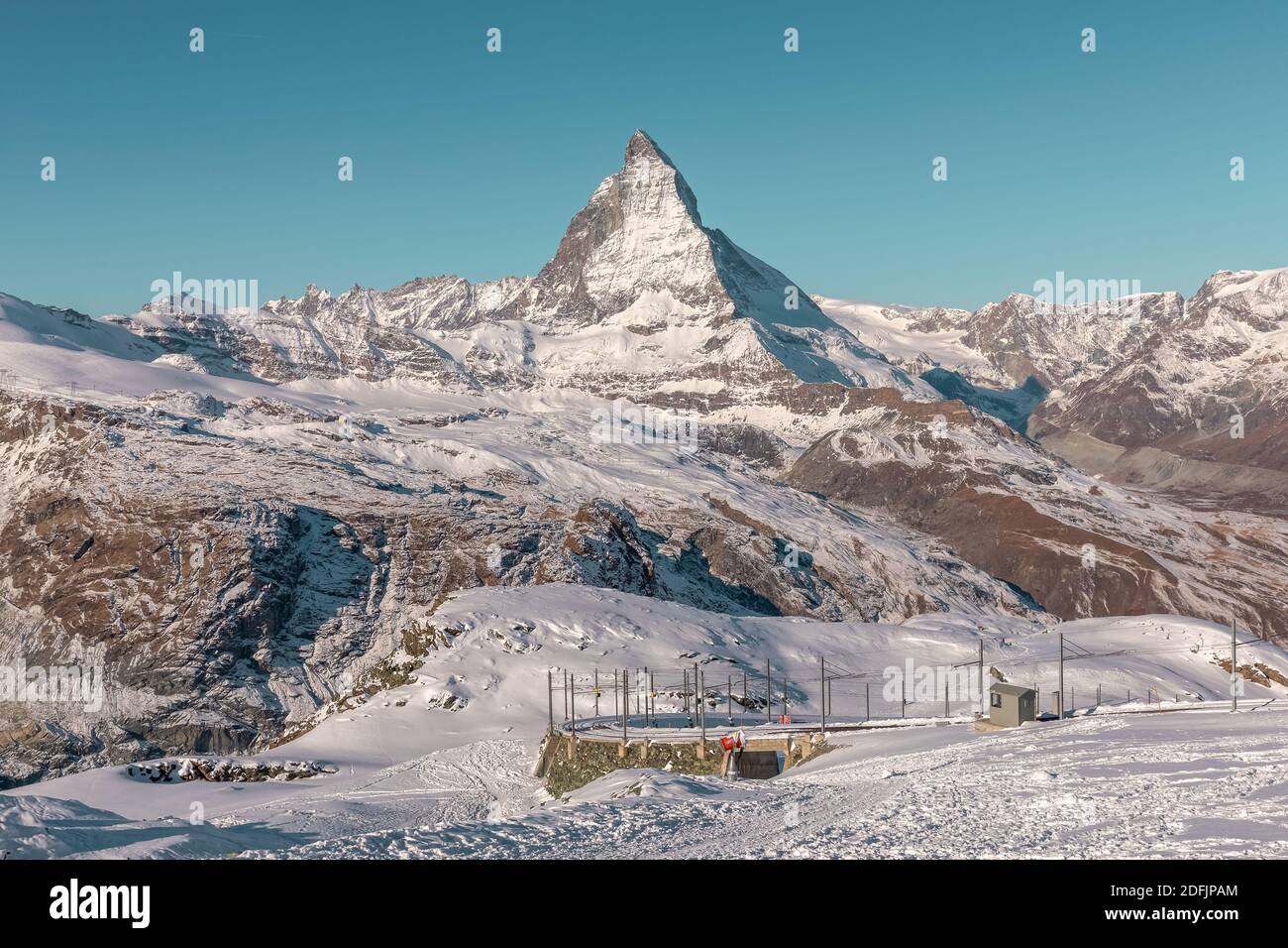 Blick auf das Matterhorn vom Gornergrat, südöstlich der Bergstation Zermatt, im Kanton Wallis, Schweiz. Stockfoto