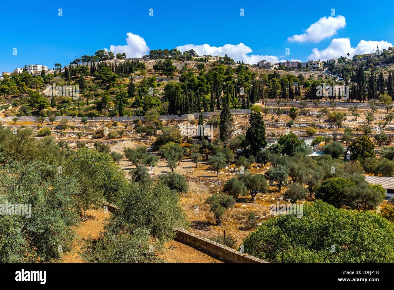 Jerusalem, Israel - 14. Oktober 2017: Panoramablick auf den Orson Hyde Memorial Garden auf dem Ölberg, im Kidron reiver Tal bei Jerusalem Stockfoto