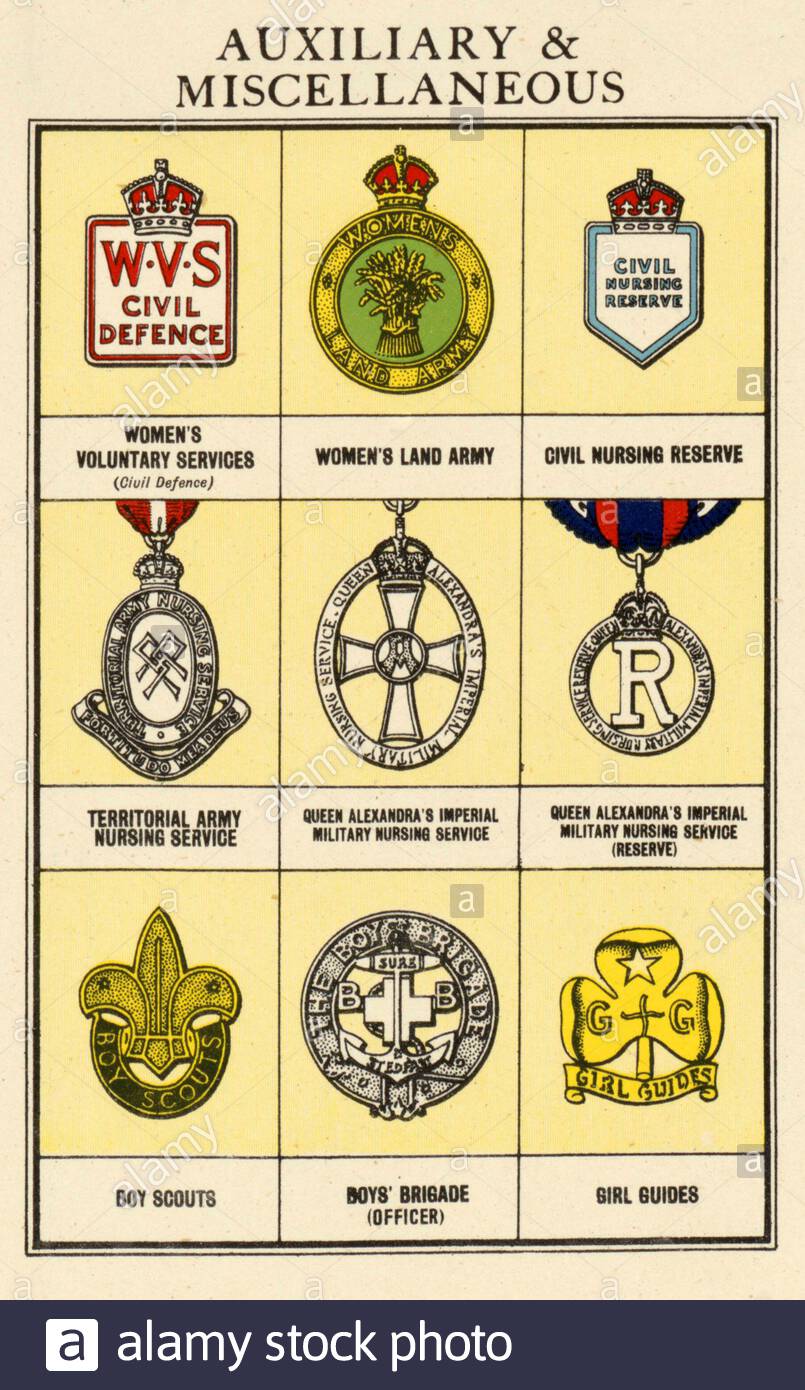 Ranks und Insignien der britischen Streitkräfte - Auxiliary & Miscellaneous, aus WW2 Informationen und Propaganda Poster Stockfoto