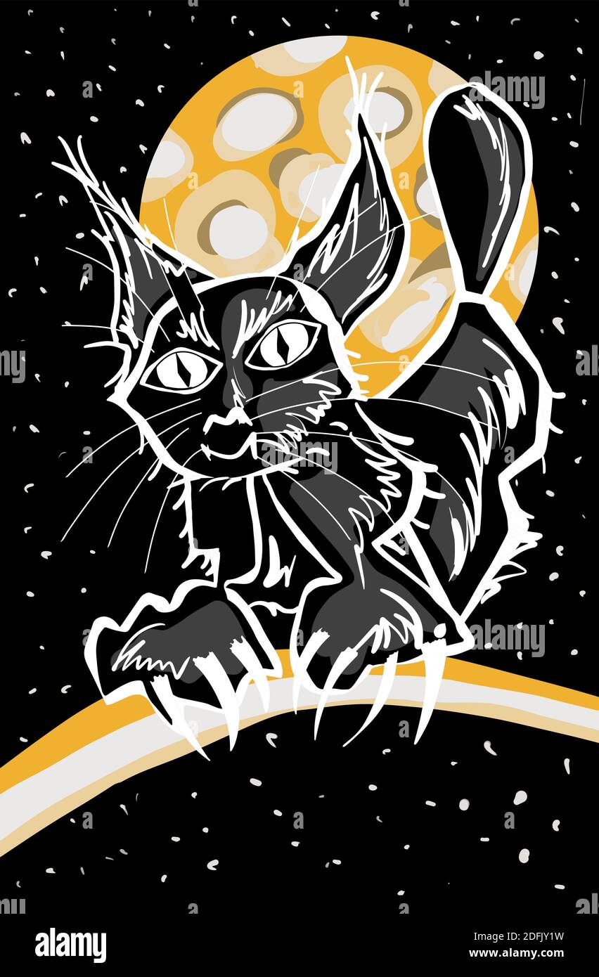 Handgezeichnete schwarze Katze bei Nacht isoliert auf schwarzem Hintergrund eps10 Vektor-Illustration. Stock Vektor