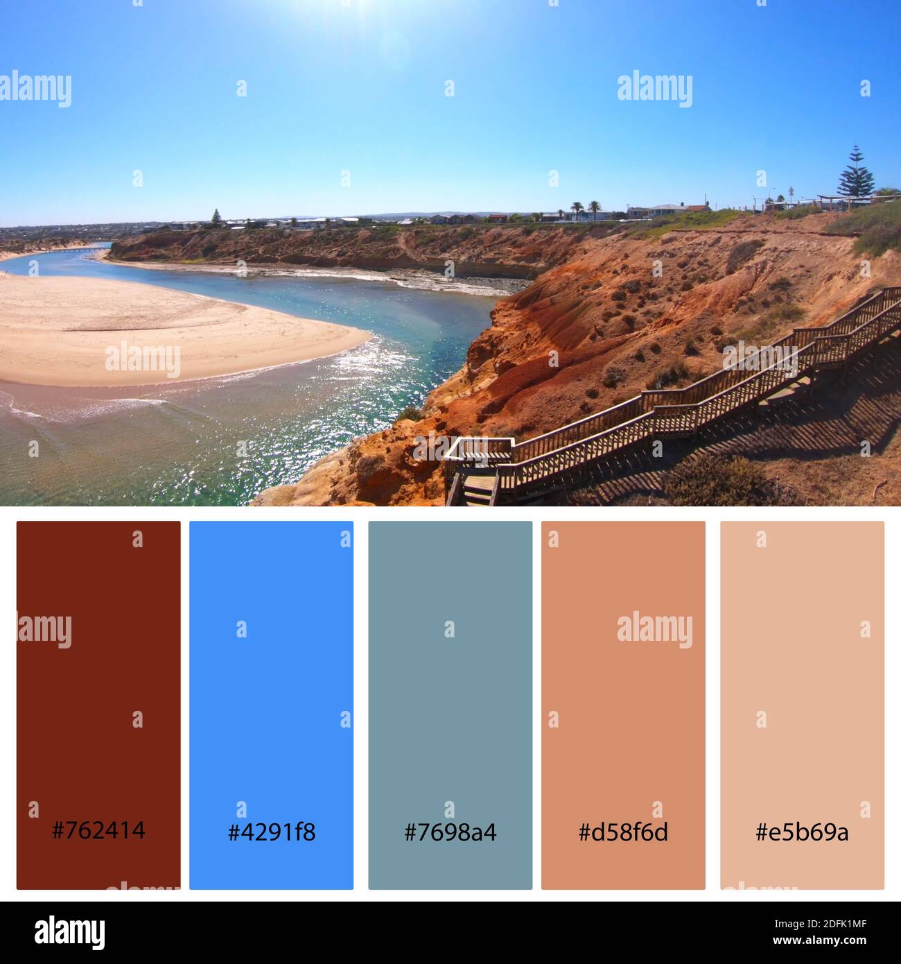 Designer Colour Palette inspiriert von den atemberaubenden Rot- und Blautönen der südaustralischen Mündung des Southport Onkaparinga River. Designer-Pack mit Pho Stockfoto