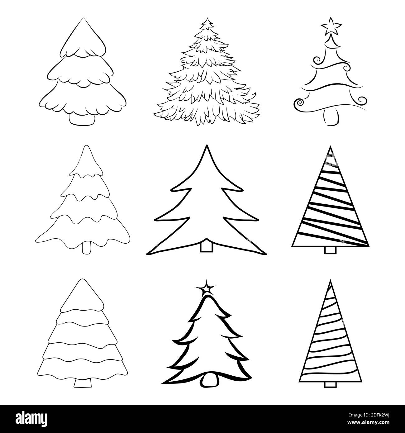 Weihnachtsbäume umreißen Set. Kontur von Kiefern für Weihnachtskarte oder Einladung. Abbildung Tannenbaum isoliert auf weißem Hintergrund. Symbol des dezember. Kol Stock Vektor