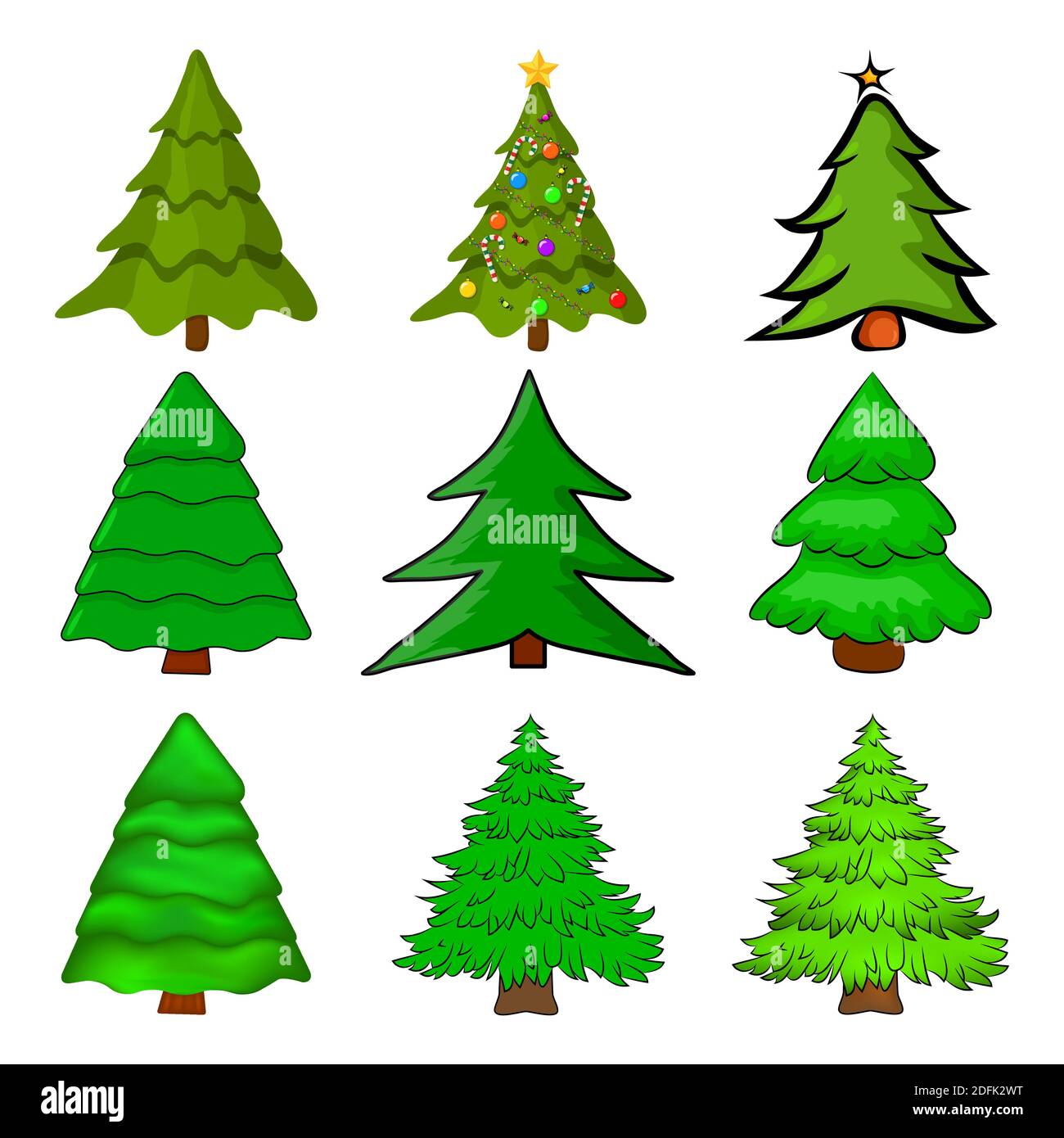 Weihnachtsbäume. Cartoon Tannenbaum Illustration isoliert auf weißem Hintergrund. Kollektion von saisonalen Kiefer Design. Bunte grüne Kiefern für Weihnachten ca. Stock Vektor